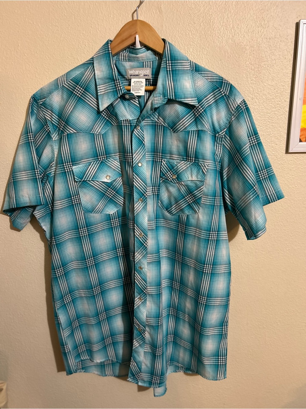 Wrangler Men’s Teal Plaid Short-Sleeve Western Shirt Pearl Snap XL Ranch